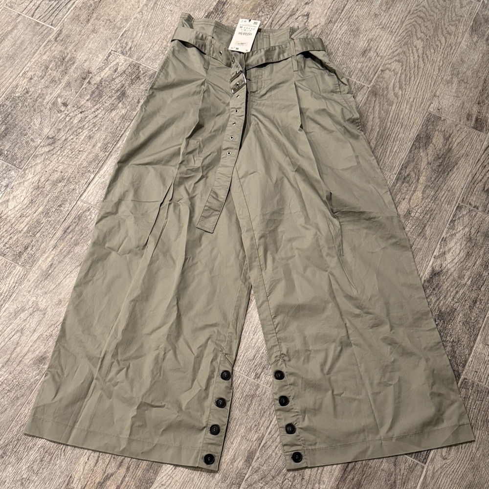 Zara Khaki Wide-Leg Pants with Button Detail